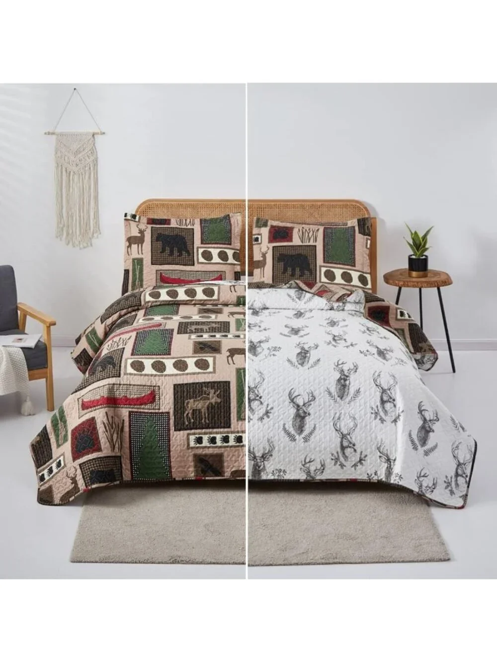Reversible Rustic Lodge Quilt Set King Size - Moose Bear Cabin Bedding, 3 Pcs